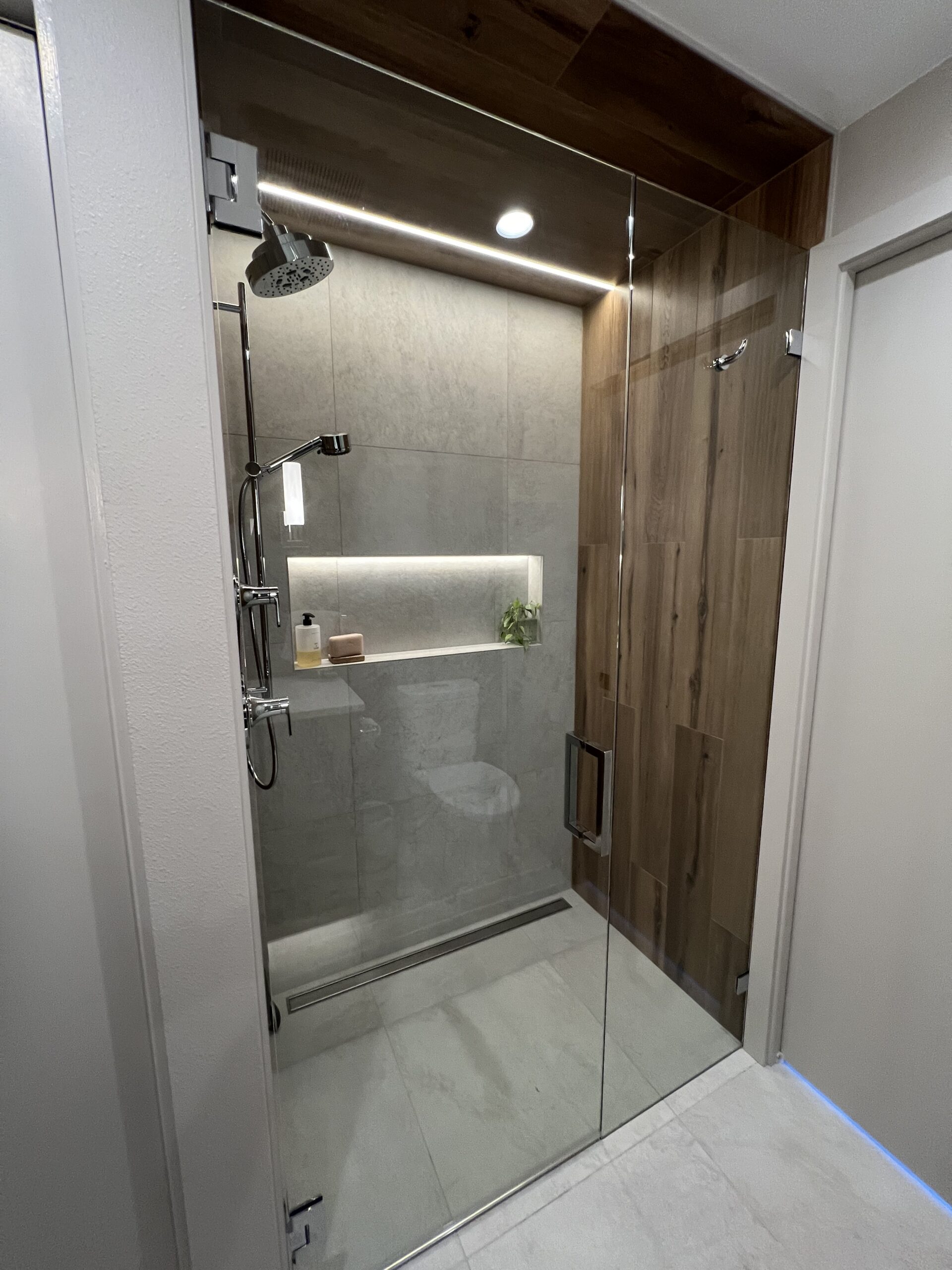 custom lit shower niche, wet room